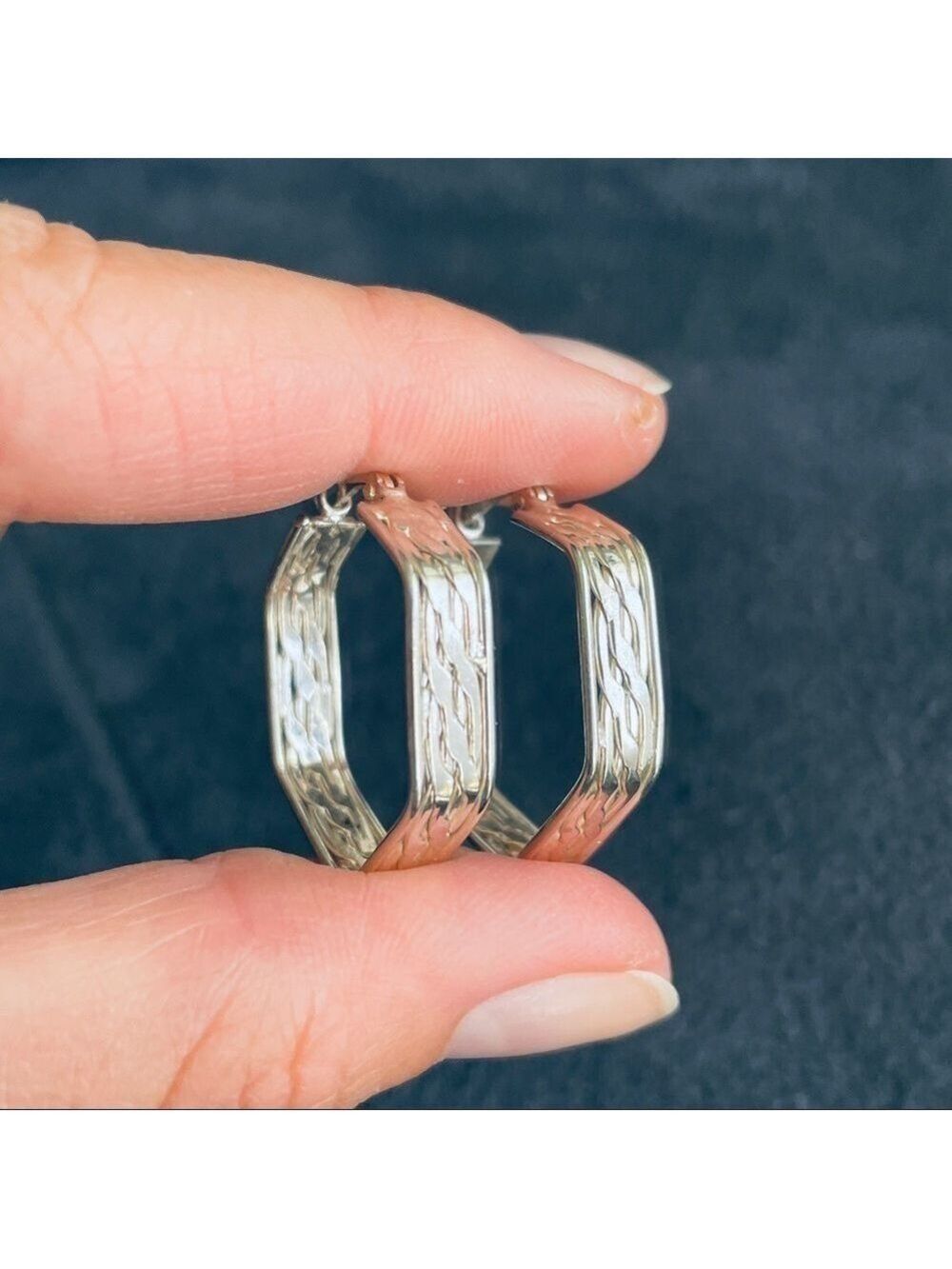 Hexagonal Textured Sterling Silver Hoop Earrings - Picture 7 of 9